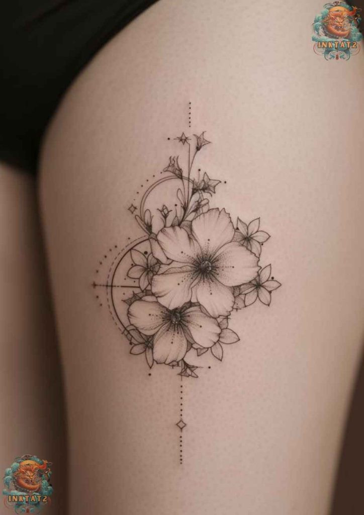 Elegant and simple sakura blossom tattoo, focusing on the flower's iconic shape