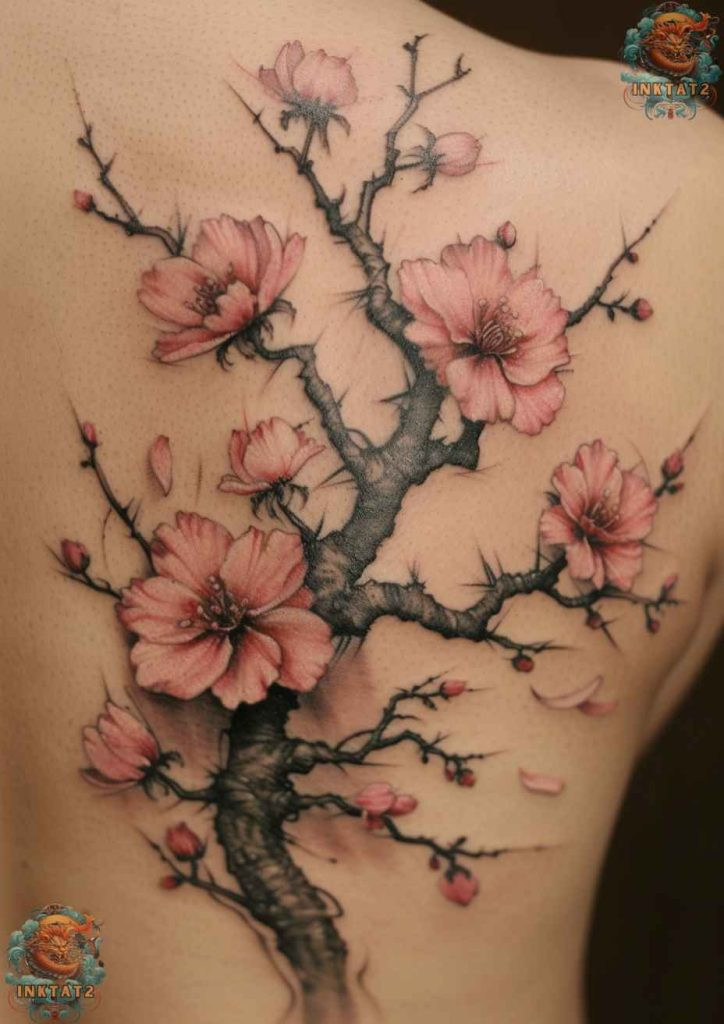 Cherry blossom tree tattoo with vibrant pink and purple petals for a striking effect.