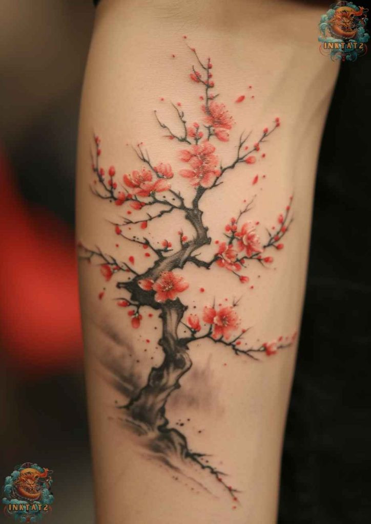 Cherry blossom tree tattoo with a quote incorporated into the design.