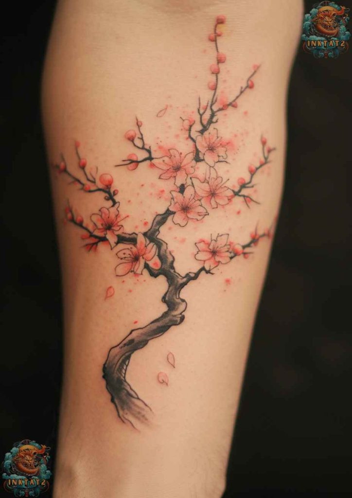 Cherry blossom tree tattoo with a design that features a crescent moon, symbolizing change.