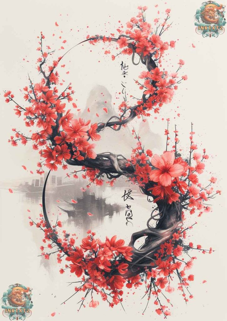 Cherry blossom tree tattoo with a moon backdrop, enhancing the serene feel.