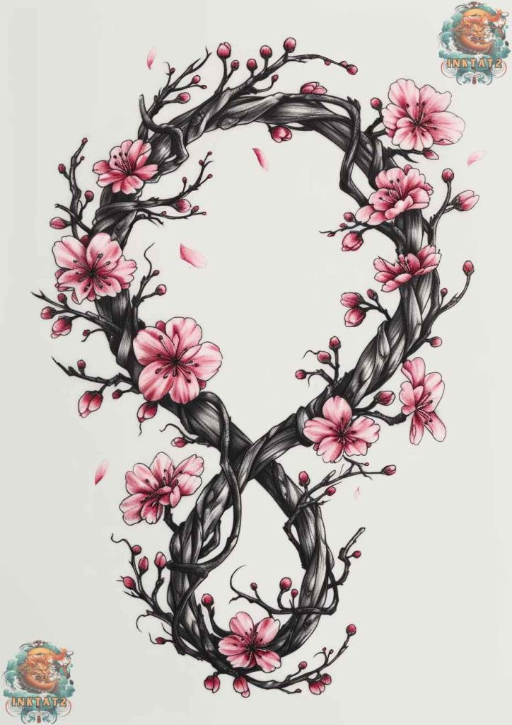 Cherry blossom tree tattoo on the ribs, stretching across the torso.