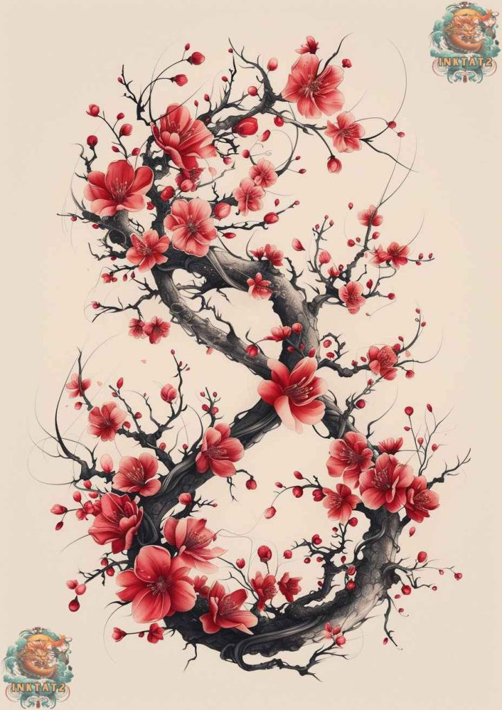 Sakura blossom tattoo with red hues, symbolizing intense passion and vitality