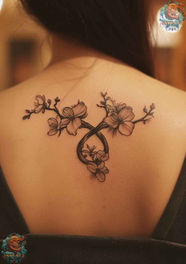 Cherry blossom tree tattoo with a delicate and airy petal arrangement.