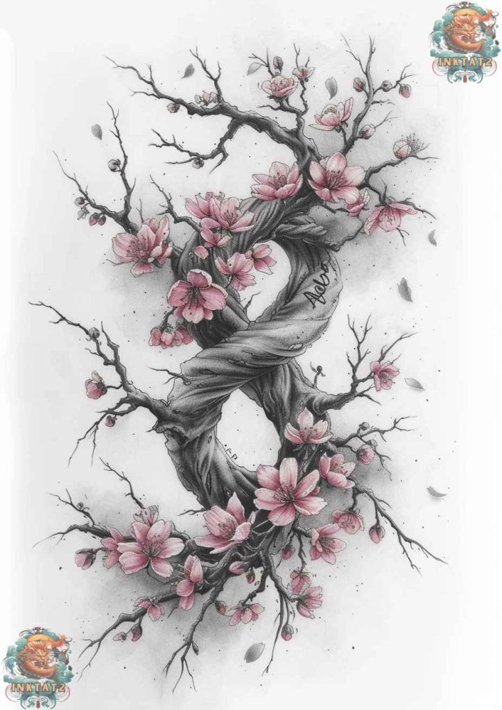 Cherry blossom tree tattoo with a design that extends from the shoulder to the hand.