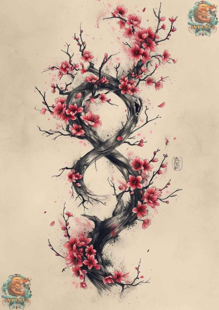 Cherry blossom tree tattoo with a branch extending across the shoulder and chest.