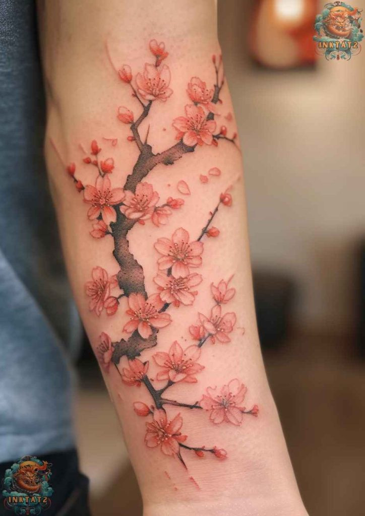 Sakura blossom tattoo with a watercolor splash effect, artistic expression