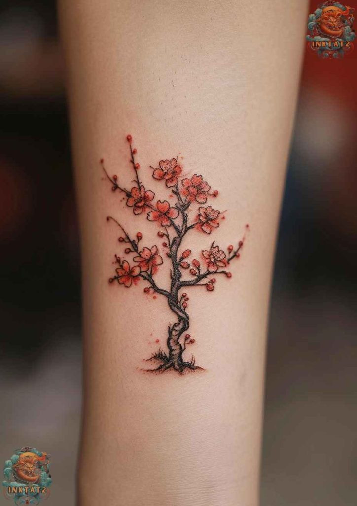 Sakura tree tattoo extending down the spine, a central symbol of life and beauty