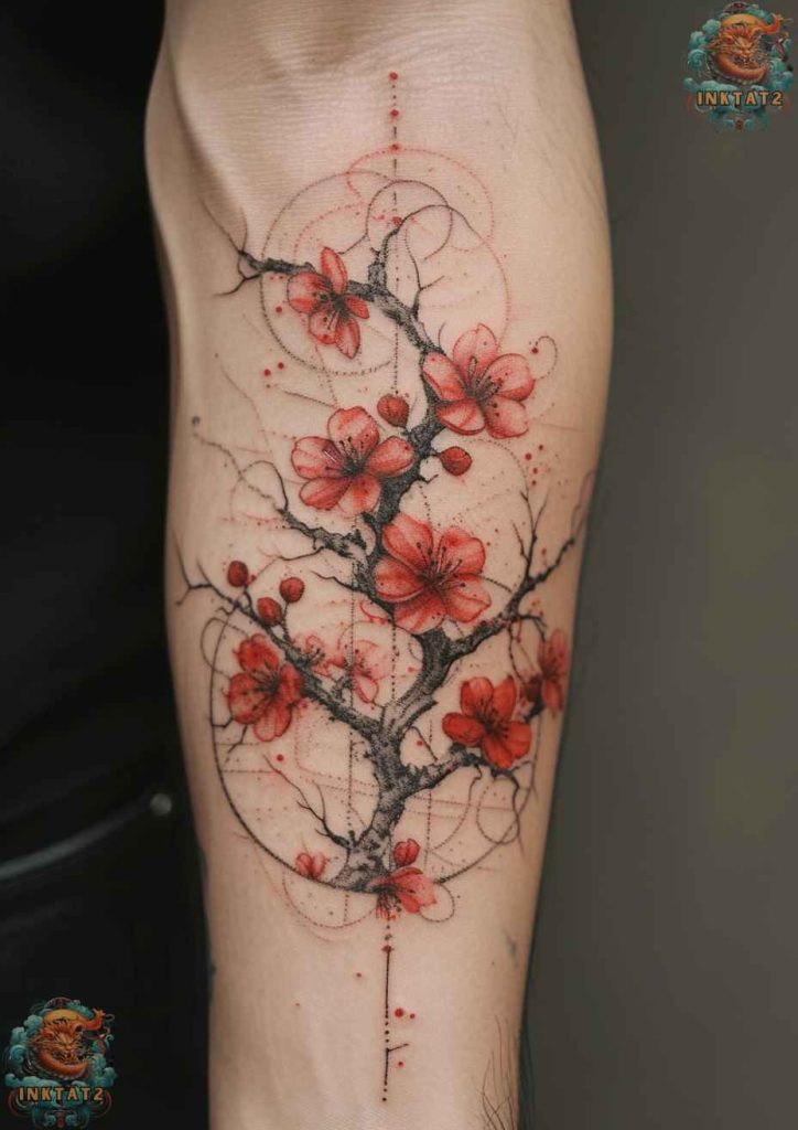 Cherry blossom tree tattoo with a vibrant sunset backdrop.