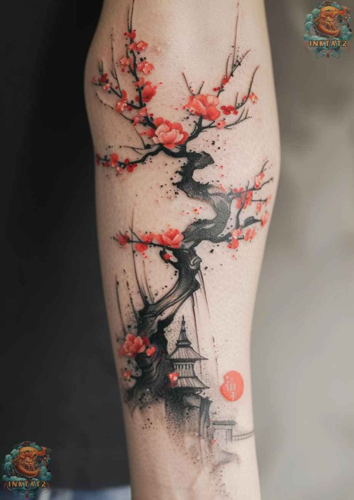 Cherry blossom tree tattoo with birds taking flight, symbolizing freedom.