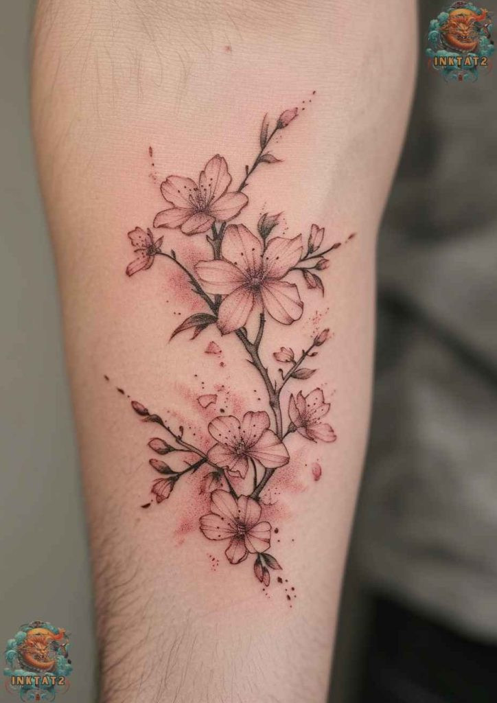 Cherry blossom tree tattoo with a design that incorporates Japanese calligraphy.