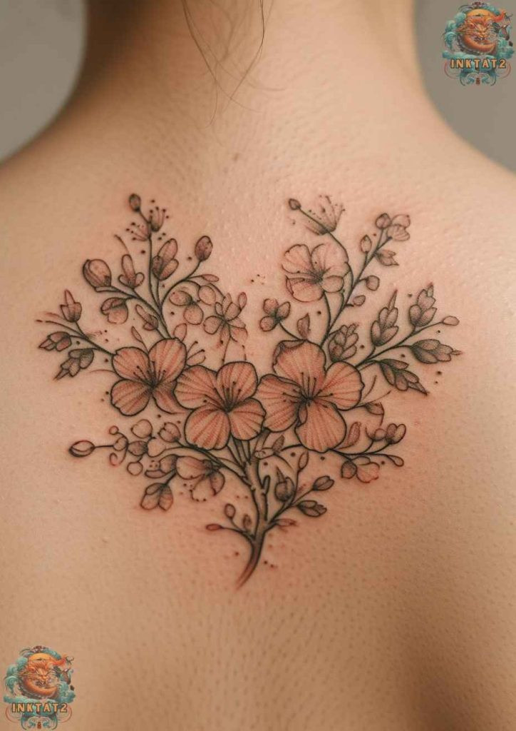 Cherry blossom tree tattoo with a branch that curves around the body.