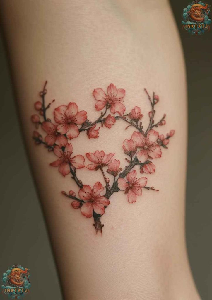 Cherry blossom tree tattoo with a design that includes a gentle breeze effect.