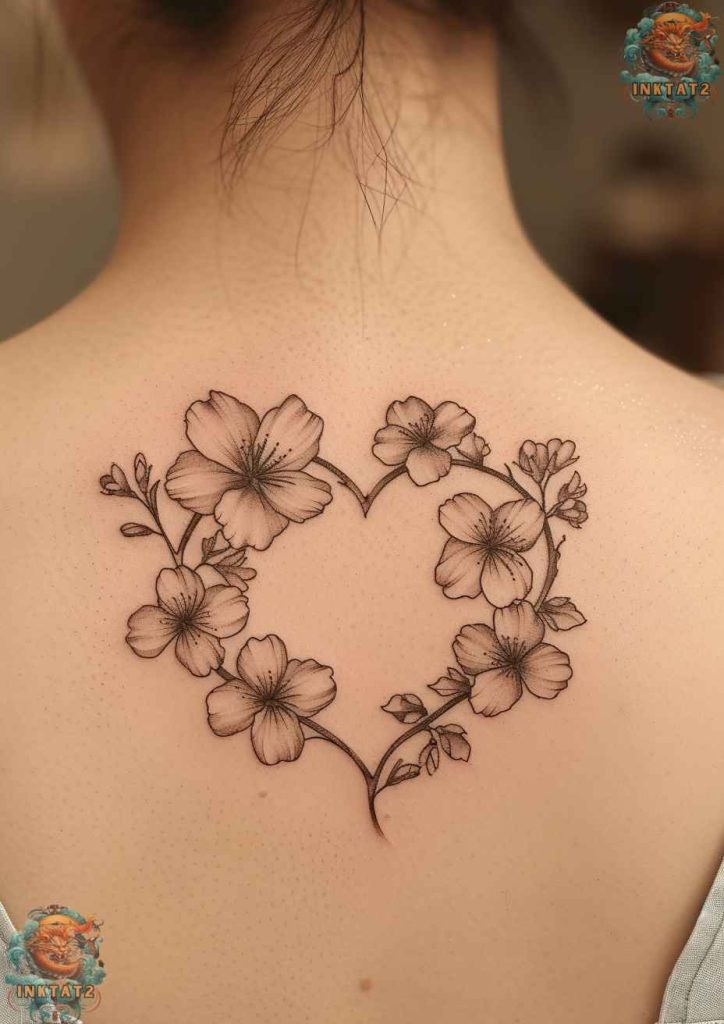 Cherry blossom tree tattoo with a focus on the contrast between dark branches and light petals.