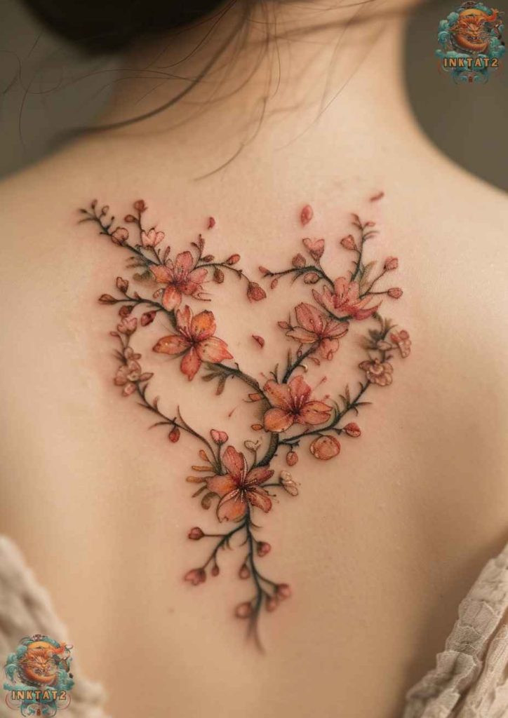 Cherry blossom tree tattoo with a backdrop of mountains, symbolizing resilience.