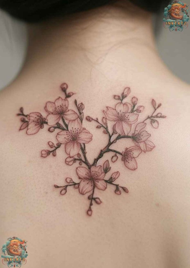 Cherry blossom tree tattoo with a design that incorporates flowing water.