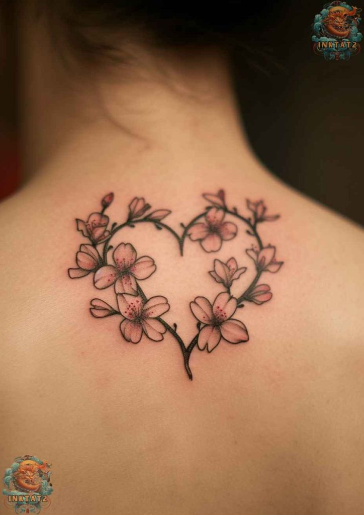 Cherry blossom tree tattoo with a branch arching across the upper back.