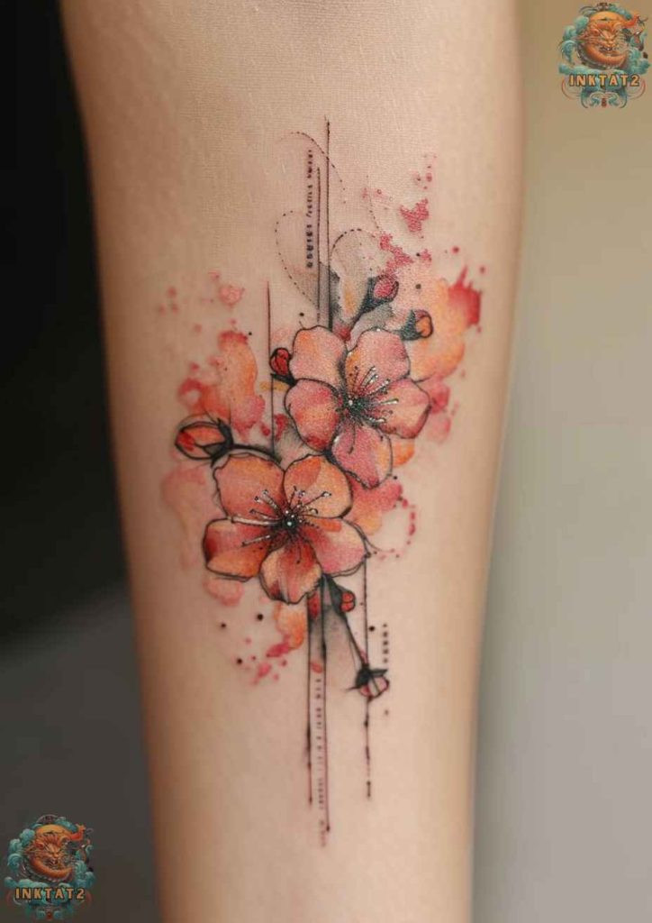 Sakura tree tattoo with a traditional Japanese aesthetic, bold lines and colors