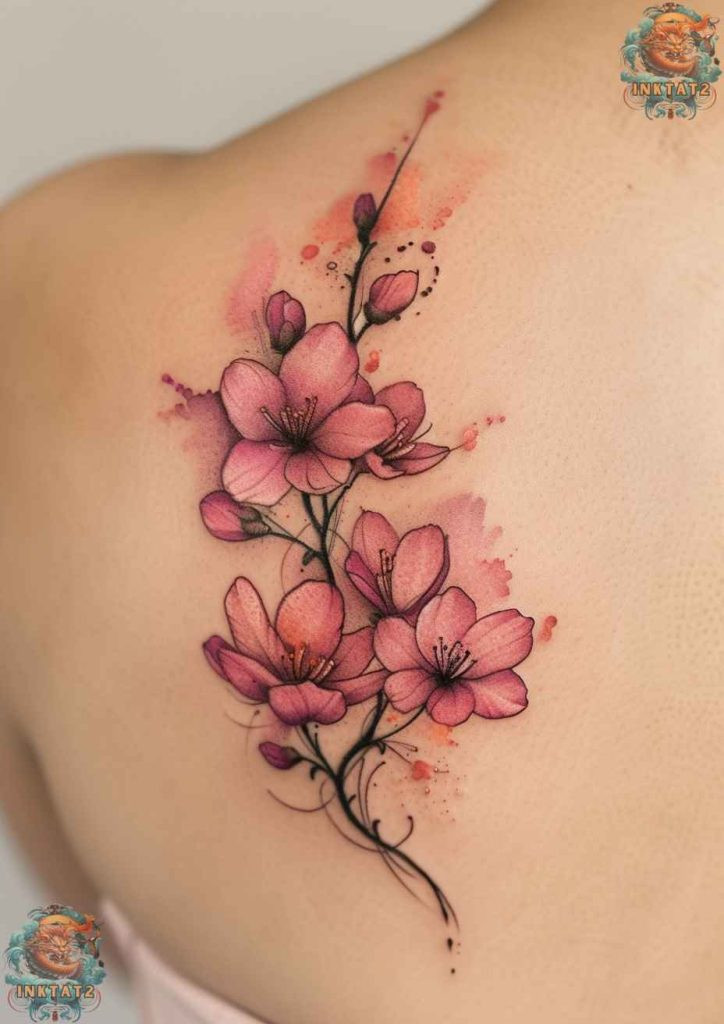 Sakura blossom tattoo with a soft, blended color palette, creating a gentle effect