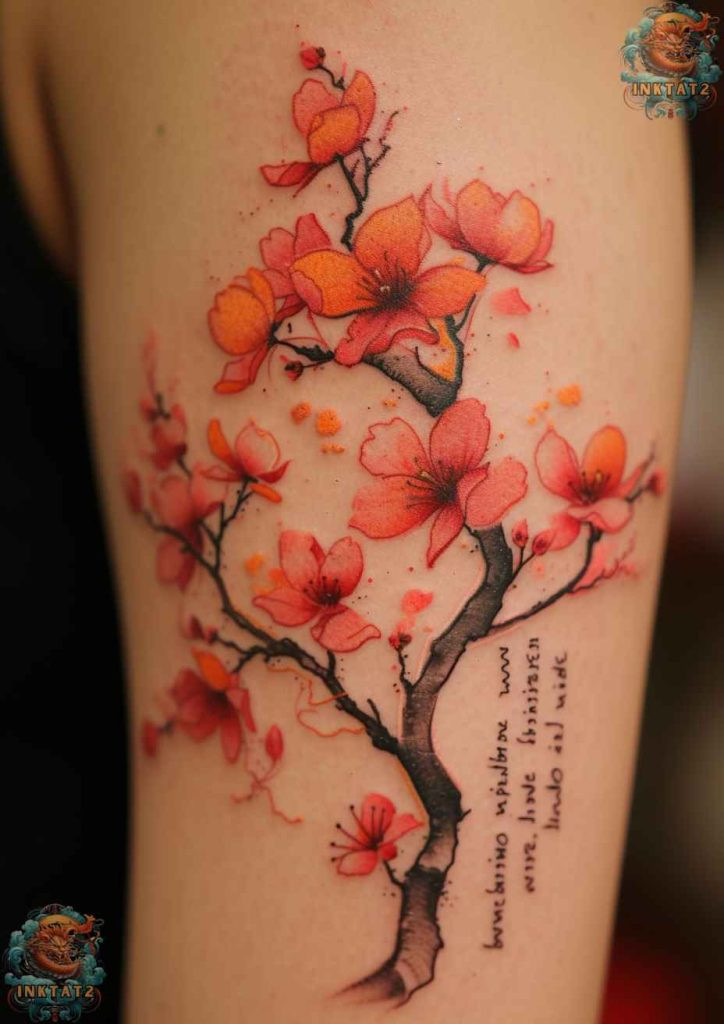 Sakura tree tattoo with a focus on falling petals, emphasizing impermanence