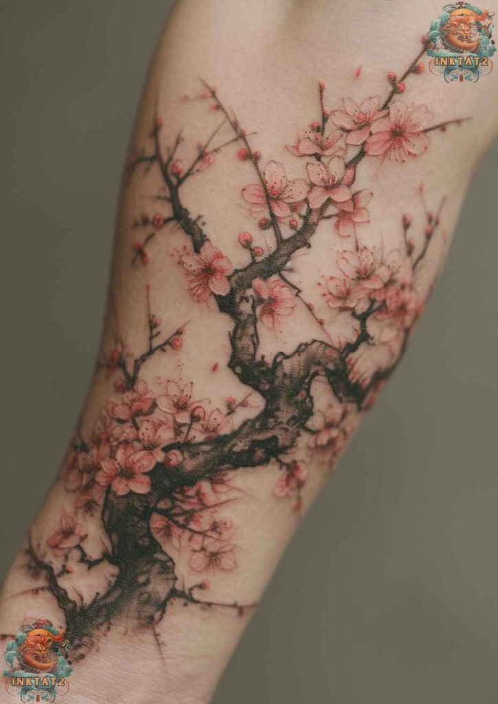 Cherry blossom tree tattoo with a design that incorporates a quote about impermanence.