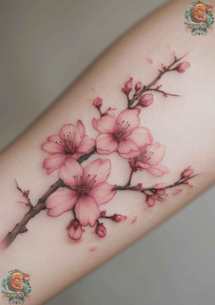 Cherry blossom tree tattoo with a design inspired by traditional Asian paintings.