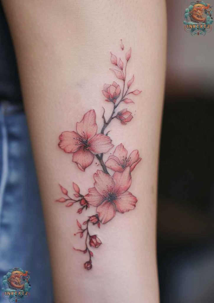 Sakura blossom tattoo with a scattering of petals, symbolizing life's transient moments