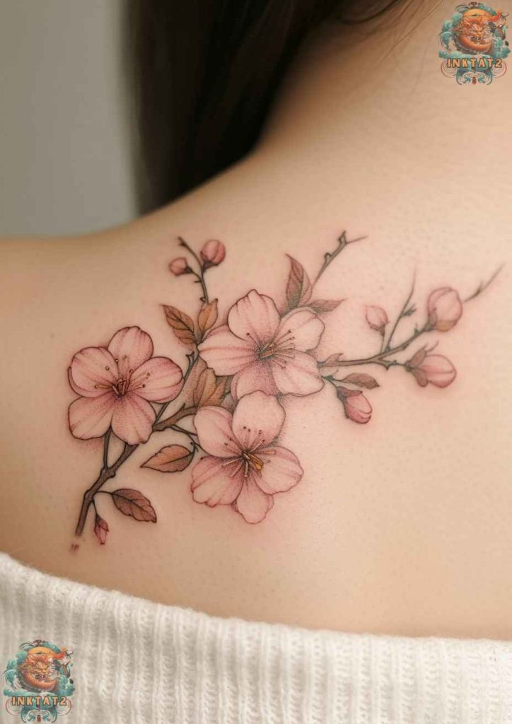 Sakura tree tattoo with vibrant pink blossoms against a dark sky, dramatic beauty