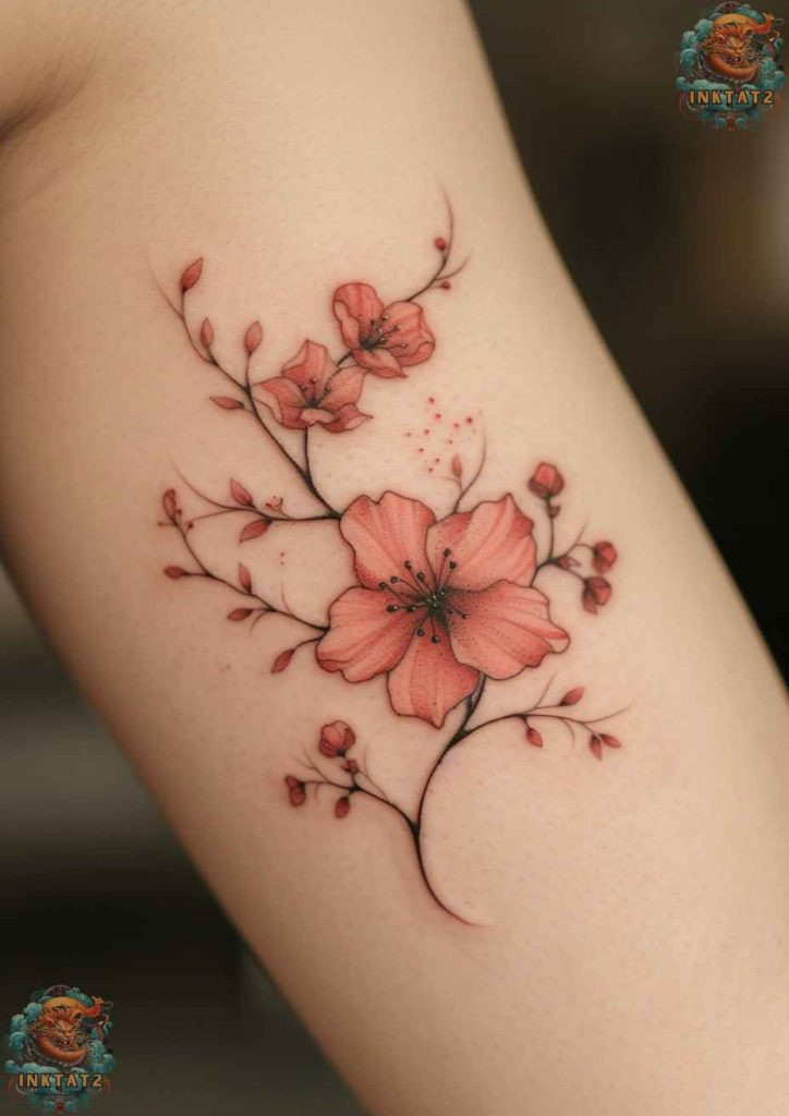 Sakura tree tattoo with a serene and contemplative mood, embodying peace