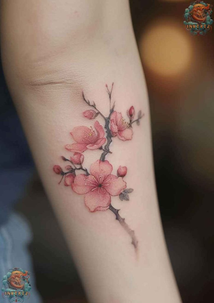 Sakura tree tattoo with a winding trunk, representing life's journey and growth