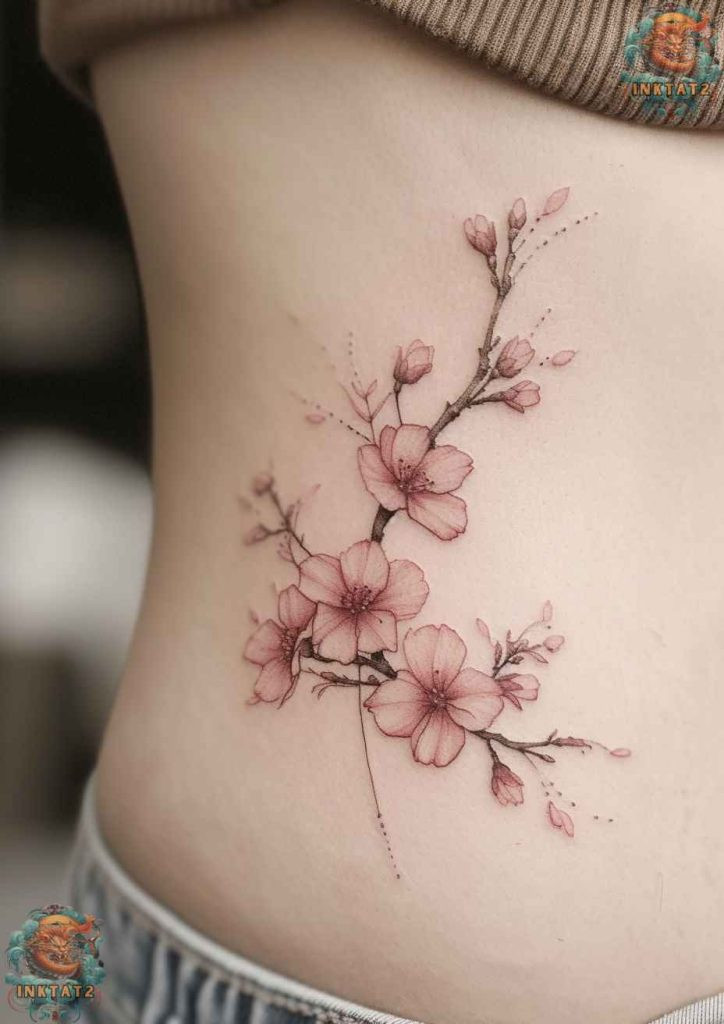 Sakura blossom tattoo with a scattering of petals, symbolizing fleeting beauty