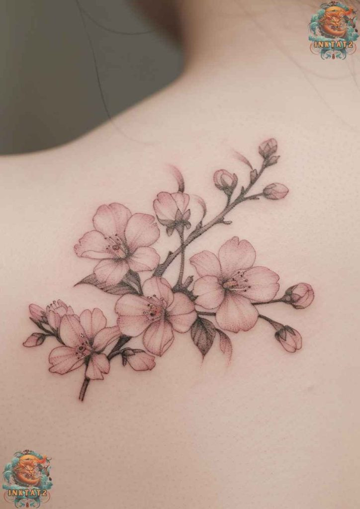 Sakura tree tattoo with a serene moonlit backdrop, peaceful contemplation