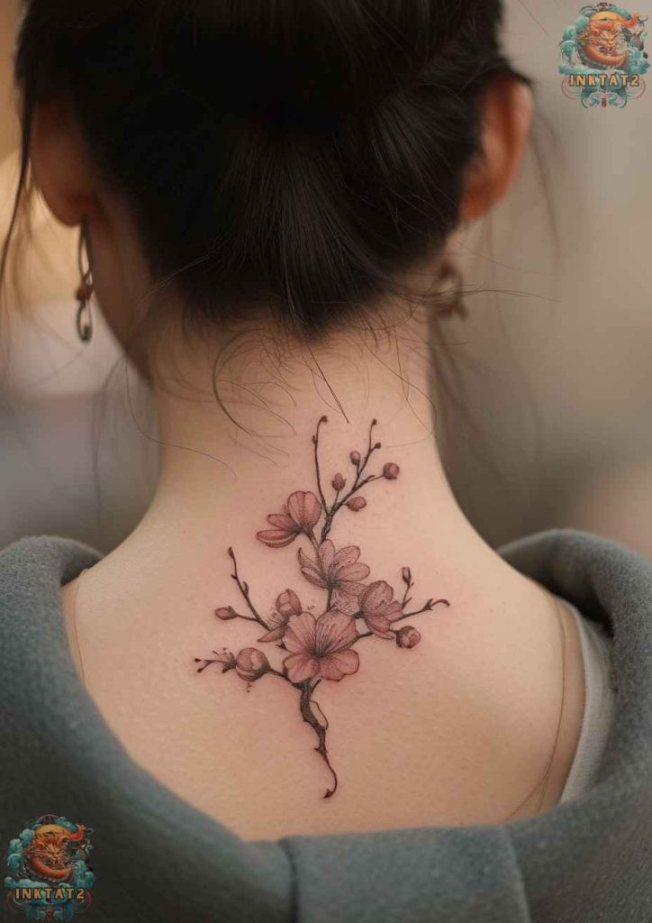 Cherry blossom tree tattoo with a branch that extends elegantly along the spine.