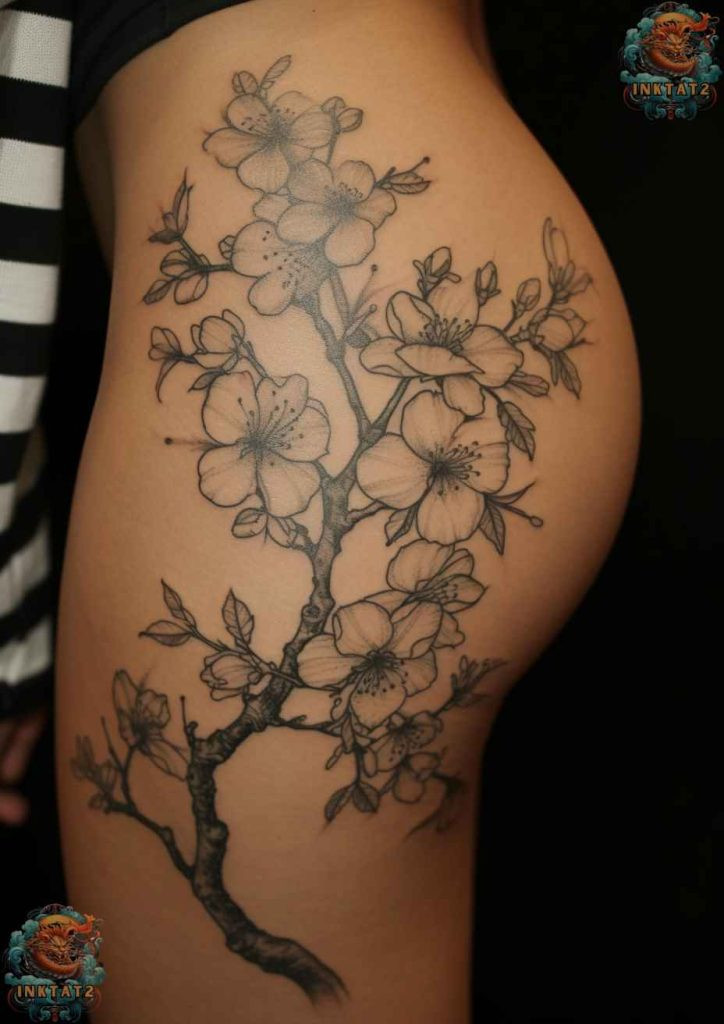 Cherry blossom tree tattoo with a design that uses stipple shading for a soft effect.