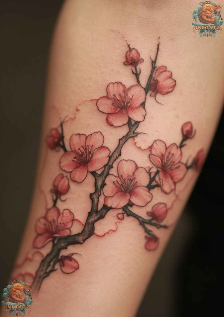 Sakura blossom tattoo with a scattering of petals in the wind, representing transience