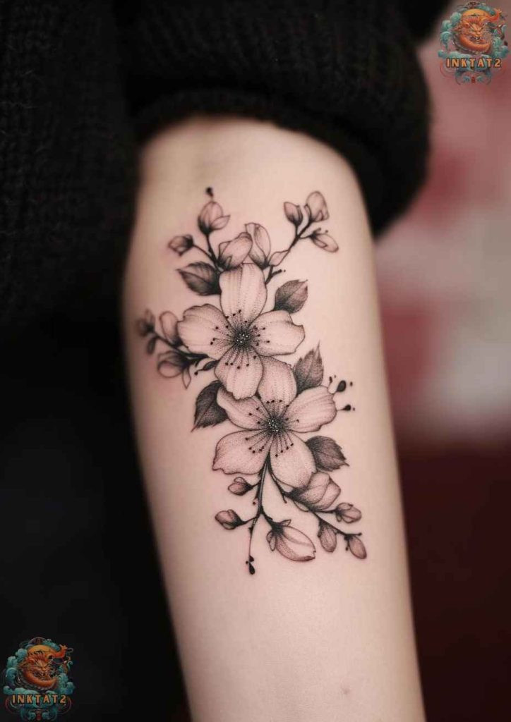 Cherry blossom tree tattoo with a design that includes a heart, symbolizing love.