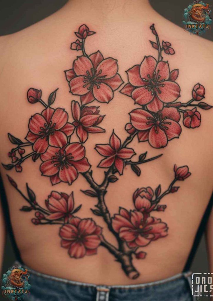 Sakura blossom tattoo with a scattering of petals and leaves, natural flow and grace