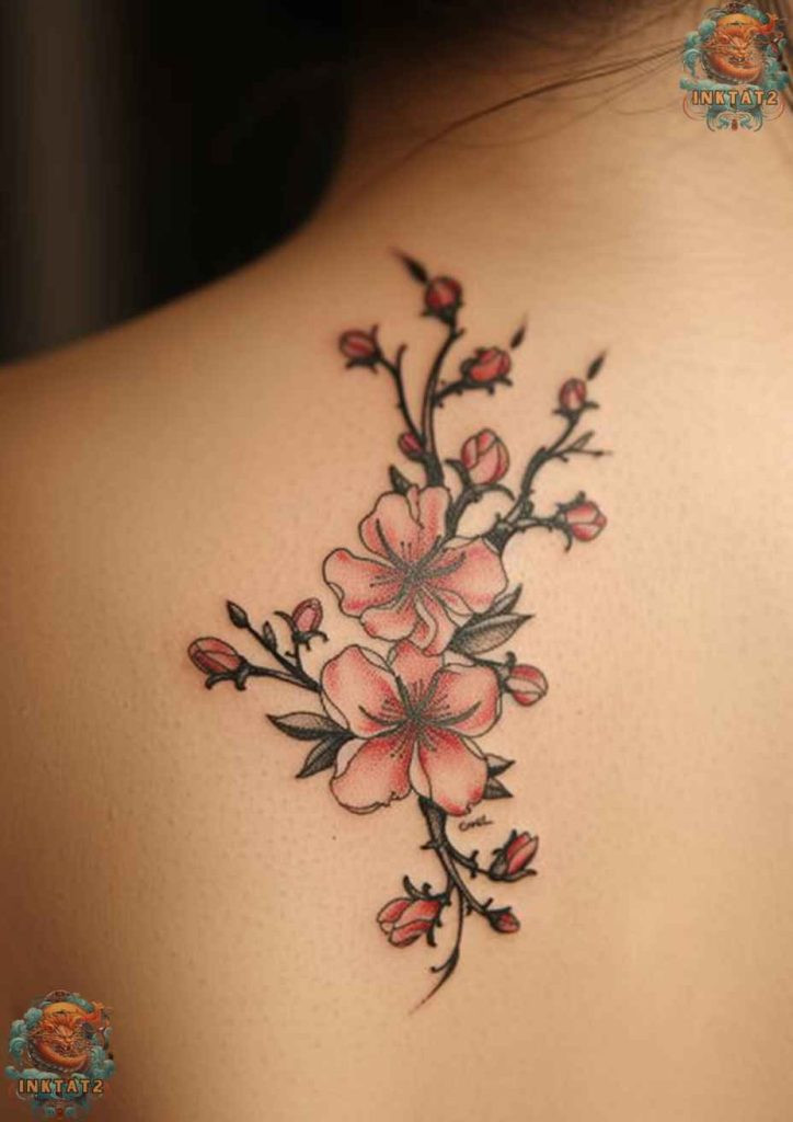 Sakura blossom tattoo with a watercolor effect, soft and artistic style