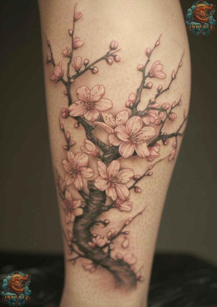 Sakura tree tattoo with a serene and peaceful composition, tranquil beauty