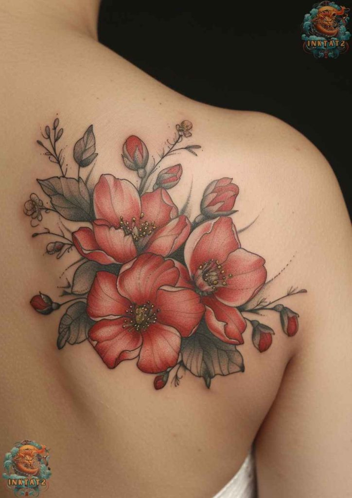 Cherry blossom tree tattoo with a branch that extends across the stomach area.