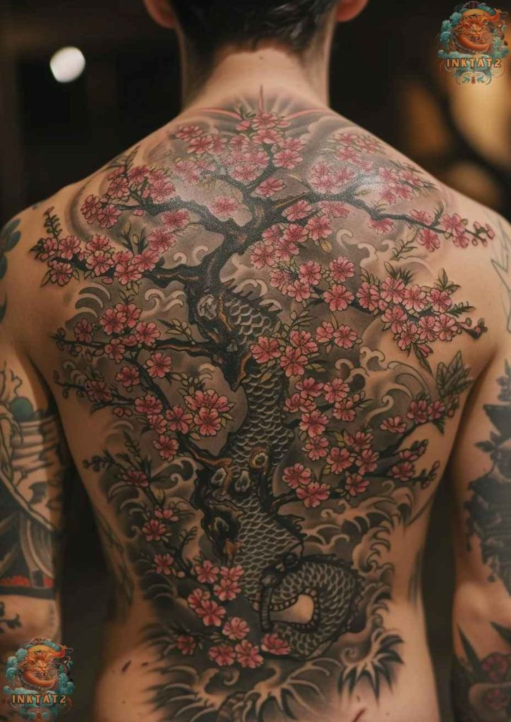 Sakura tree tattoo with a winding and complex branch structure, life's path