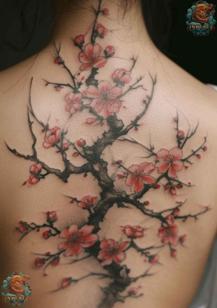 Cherry blossom tree tattoo with a branch that extends across the upper chest.