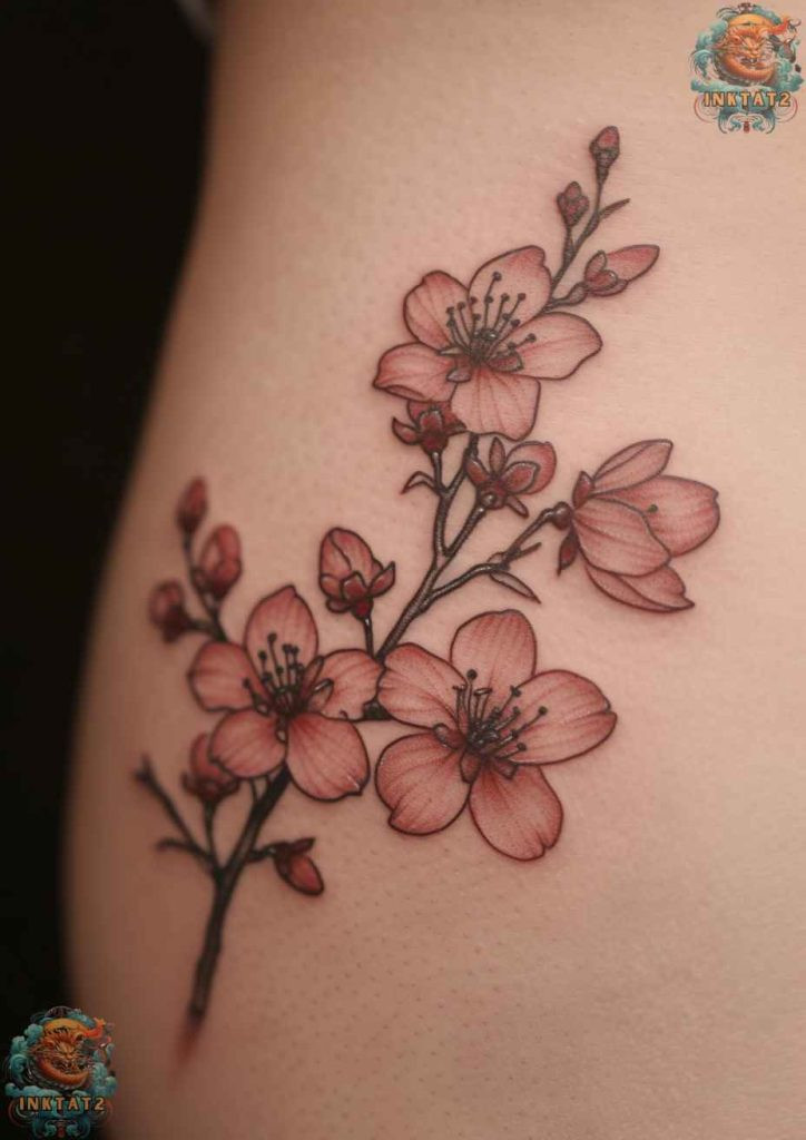 Sakura tree tattoo with a vibrant pink and red color palette, passion and life