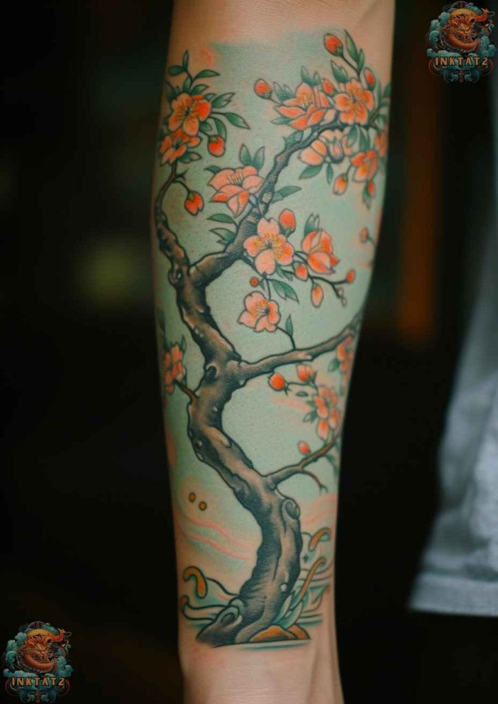 Cherry blossom tree tattoo with a design that features a butterfly, symbolizing transformation and beauty.