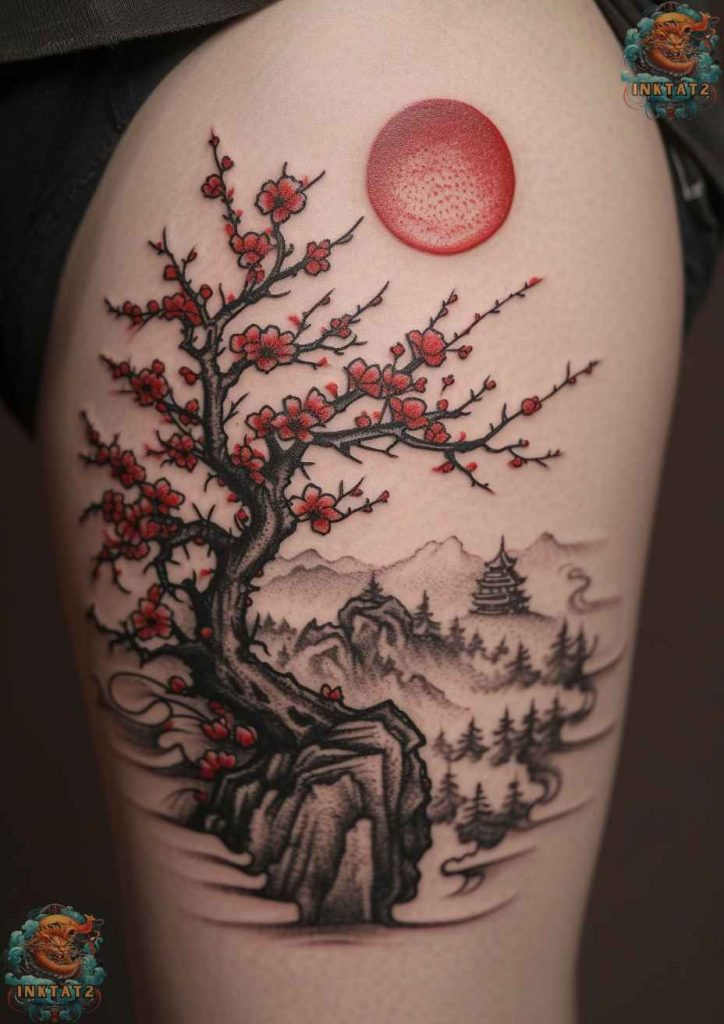 Cherry blossom tree tattoo with a design that features a phoenix, symbolizing rebirth and immortality.