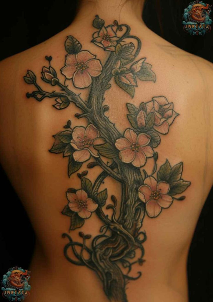 Cherry blossom tree tattoo with a design that features a guardian lion dog, symbolizing protection.