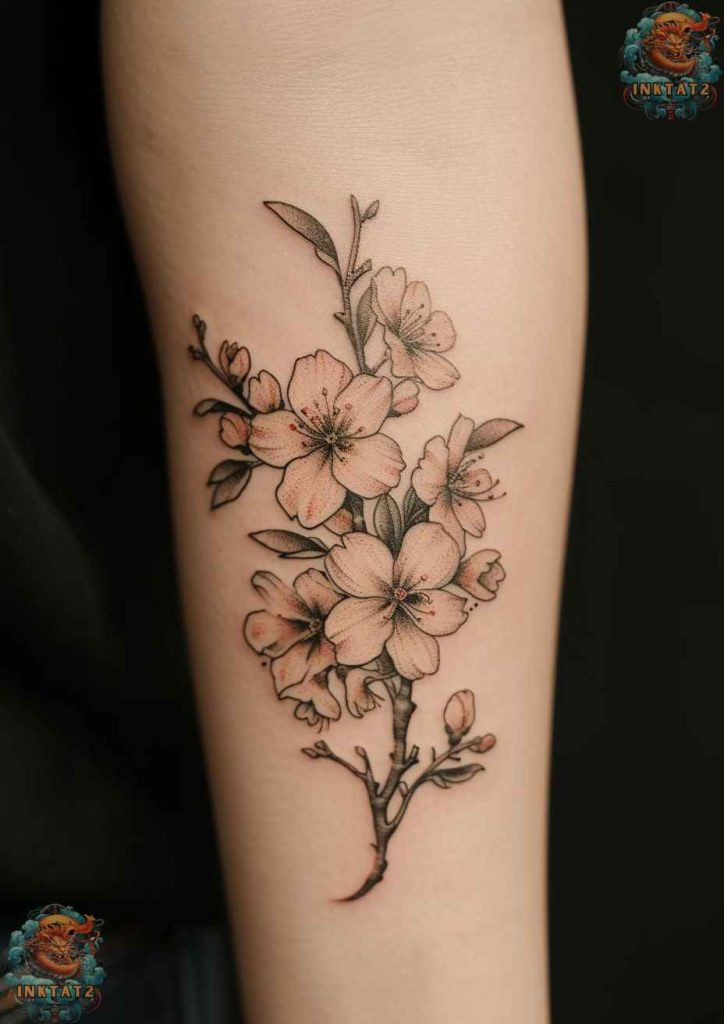 Sakura tree tattoo with a minimalist branch and blossoms, simple elegance