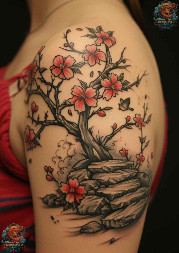 Cherry blossom tree tattoo with a design that features a foo dog, symbolizing protection and good fortune.