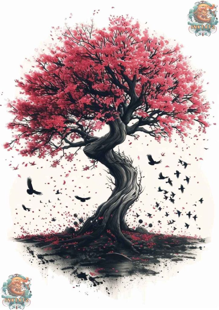 Cherry blossom tree tattoo with a design that includes a ladybug, representing luck.