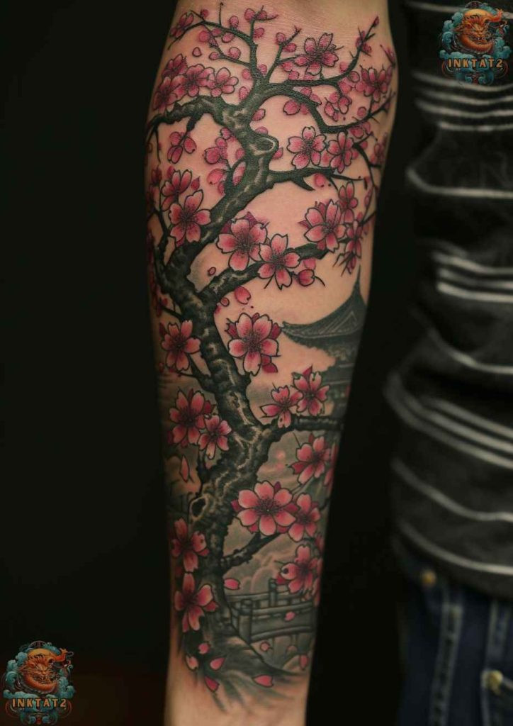 Sakura blossom tattoo with a watercolor splash effect, artistic expression